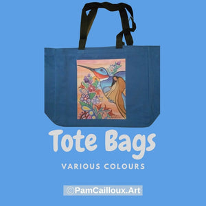 Artwork by Pam Cailloux Tote Bag. Various colours. Image here features Humminbird art on blue tote. Buy here direct from artist Pamela Cailloux. Woodlands Style Indigenous Artwork. Made in Canada. Ships from Gatineau Quebec Canada.