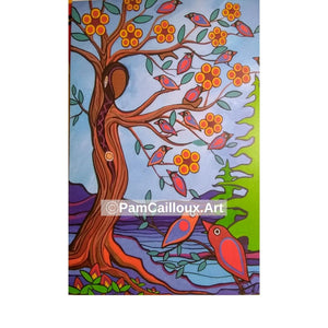 Birds of a Feather - Greeting Card Artwork by Pam Cailloux. Woodlands Style 5.5 x 8.5" Birds, Branches, Tree