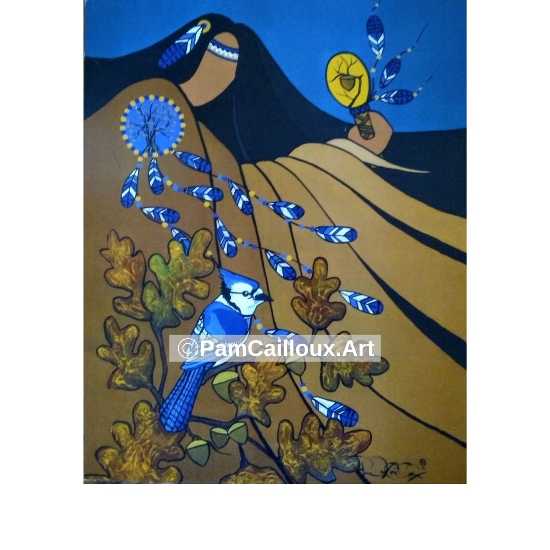 Blue Jay - Print Artwork by Pam Cailloux. Woodlands Style 11X14" Blue Jay, feathers,