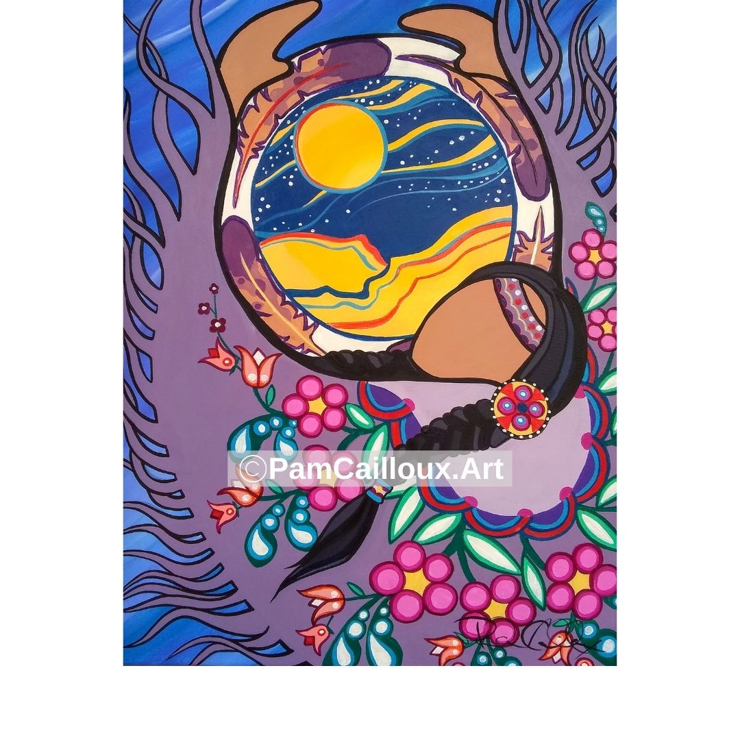 Dancing with the Moon - Greeting Card Artwork by Pam Cailloux. Woodlands Style 5.5 x 8.5" Moon, Dancing, Flowers