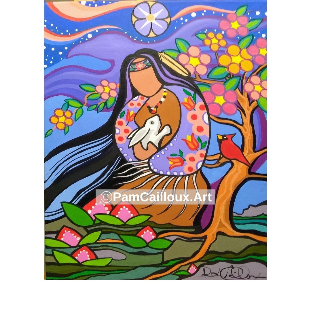 Young Spirit - Greeting Card - Artist Pam Cailloux. Woodlands Style. Bunny and cardinal bird, flowers, tree, sweet